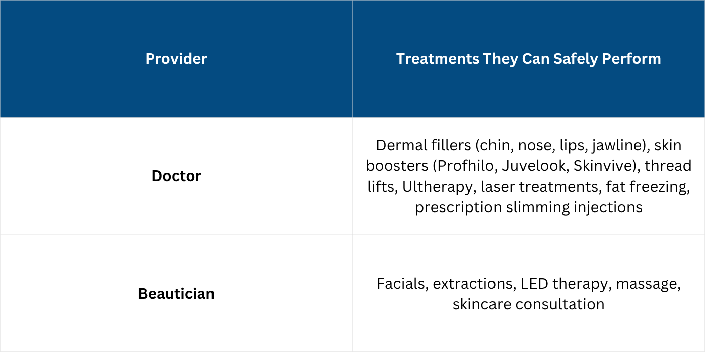 Doctor vs Beautician comparison table aesthetic treatments
